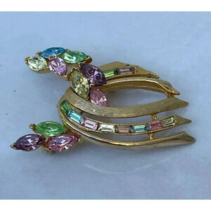 Vintage Gold Tone Brooch Pin Multicolor Pastel Rhinestones C2